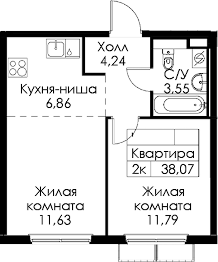 1-комнатная квартира 38.07 м², 6/15 эт., ЖК «Янинский лес»
